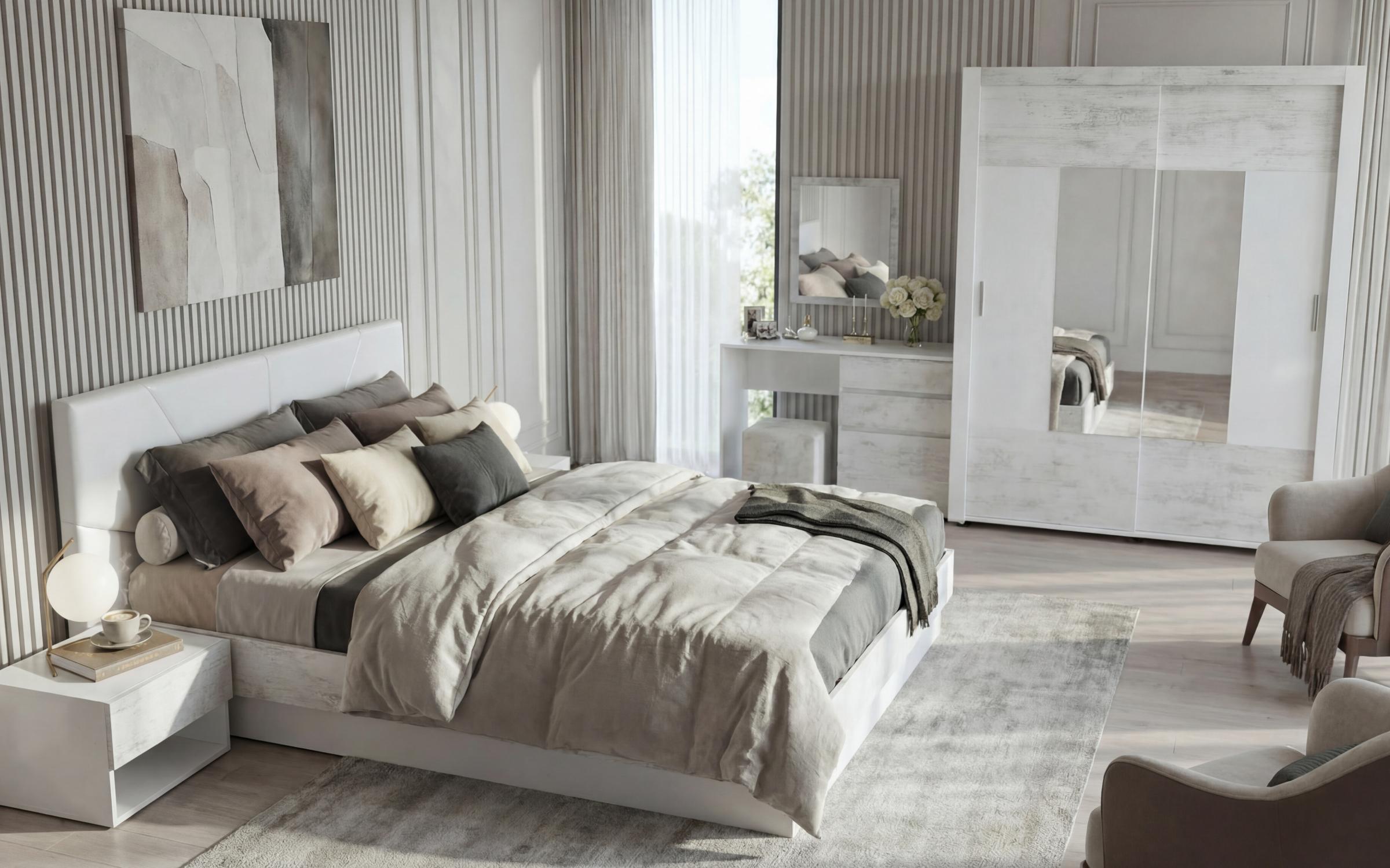 Upholstered double bed for mattress 160/200 Zora, Antique oak + white + white leather  5